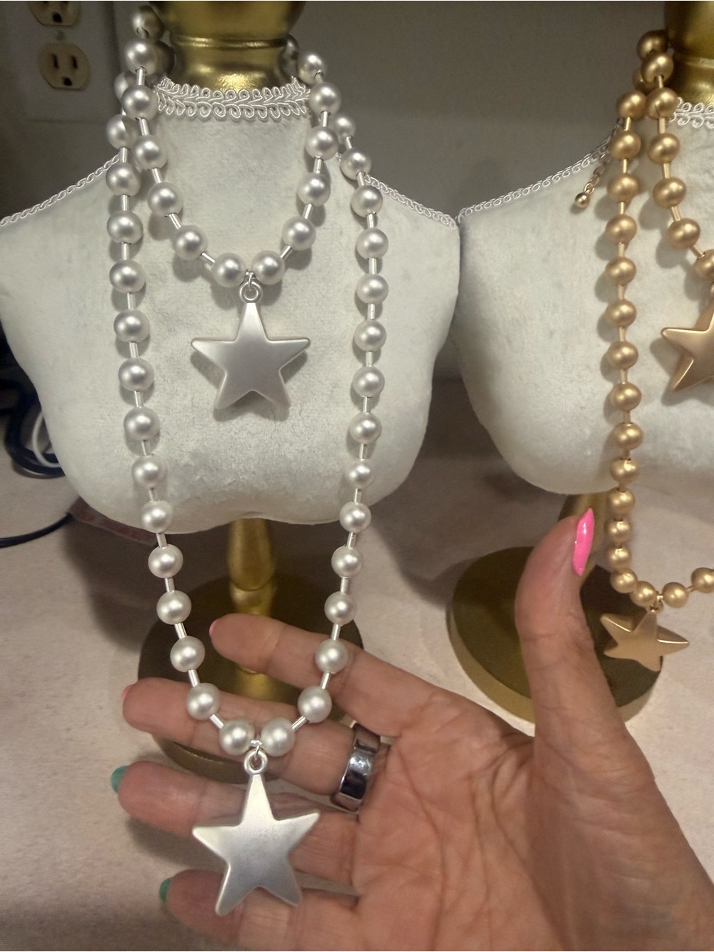 Silver Star Pendant Pearl Bead Necklace/bracelet set - Women Jewelry